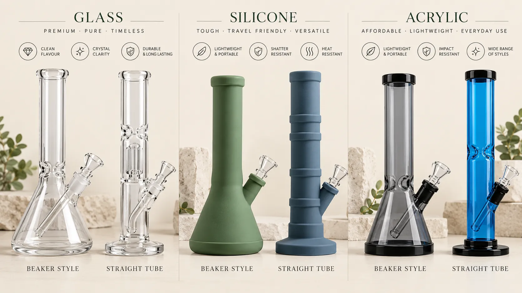 Where to buy bongs online in Australia - glass silicone and beaker design comparison