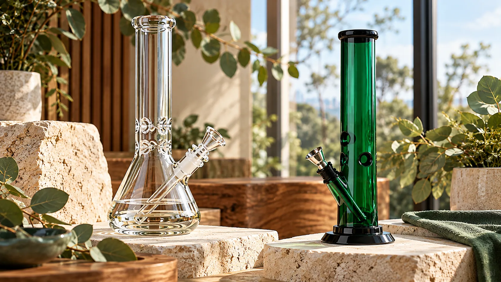 Glass Bongs vs Acrylic Bongs comparison featuring clear glass and coloured acrylic water pipes in Australia