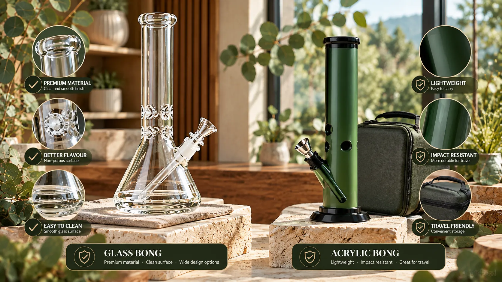 Glass Bongs vs Acrylic Bongs durability and portability comparison with different water pipe materials